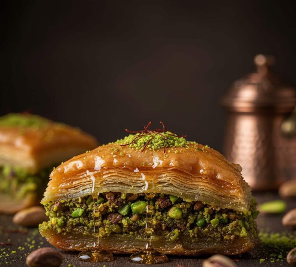 Golden layers of pistachio baklava